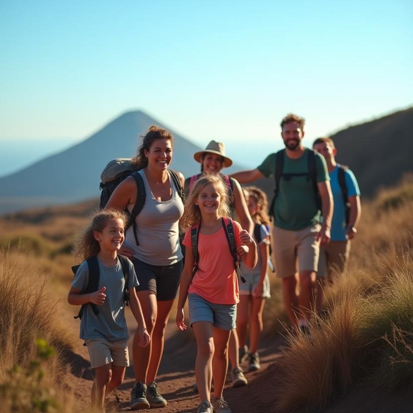 Happy family hiking together on volcanic trail with guide