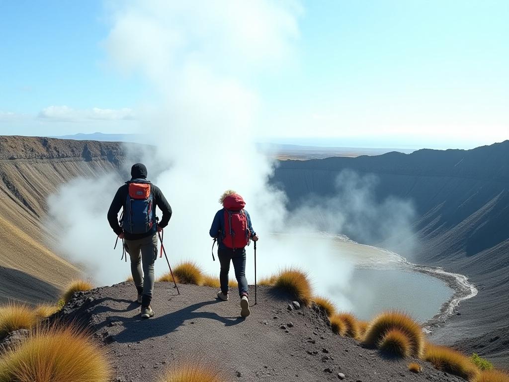 Hikers exploring volcanic crater rim with steaming vents